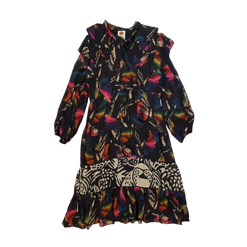 Farm Rio Macaws Flight Tie-Neck Midi/Maxi Dress - Black - Boho - Flowy - Size S - Picture 2 of 9